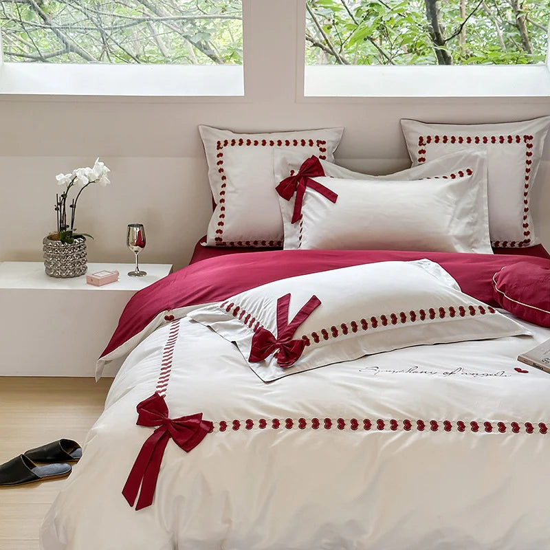 Bedding Set Reversible Cotton Satin Bow Appliques & Embroidery