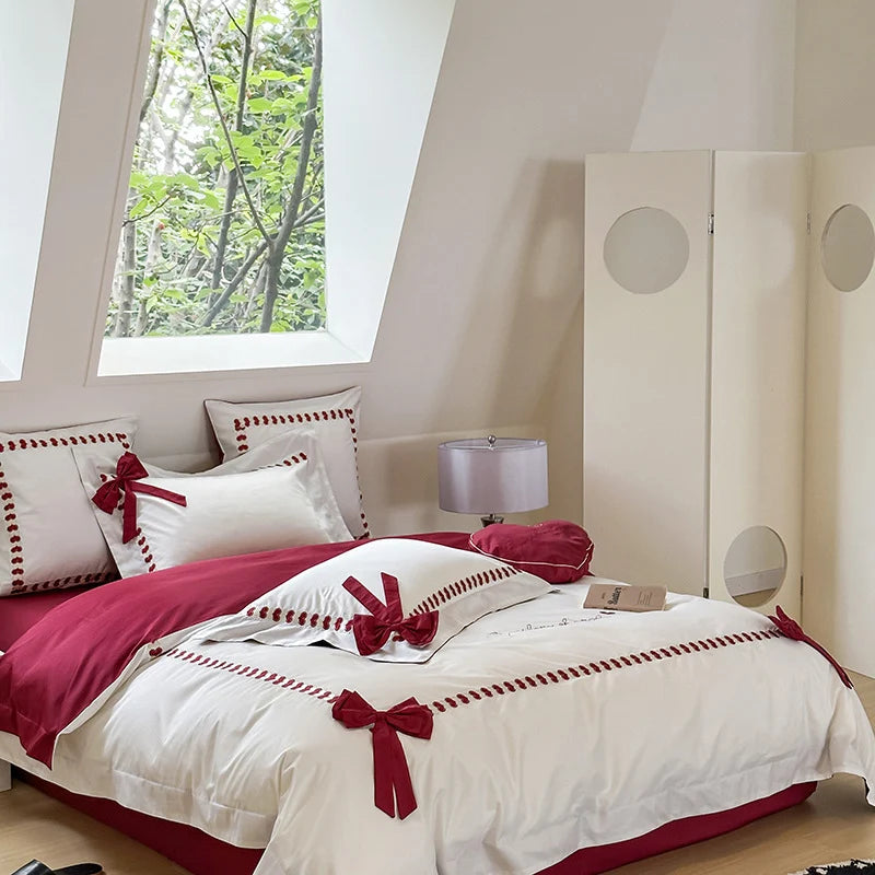 Bedding Set Reversible Cotton Satin Bow Appliques & Embroidery