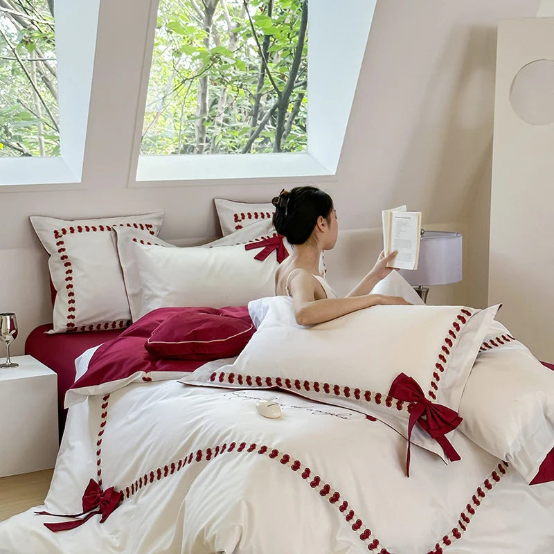 Bedding Set Reversible Cotton Satin Bow Appliques & Embroidery