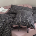 Bedding Set Reversible Cotton Satin Delicate Floral Bow Pillowcases