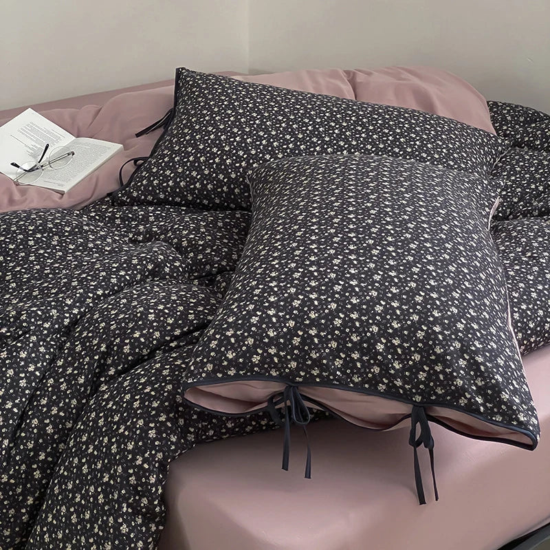 Bedding Set Reversible Cotton Satin Delicate Floral Bow Pillowcases