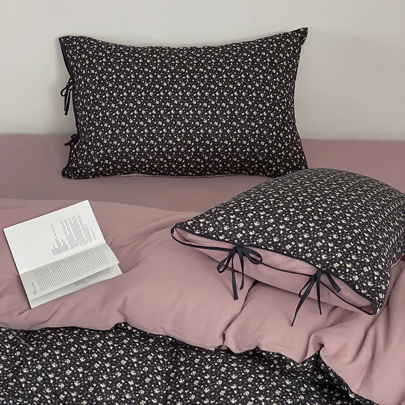 Bedding Set Reversible Cotton Satin Delicate Floral Bow Pillowcases