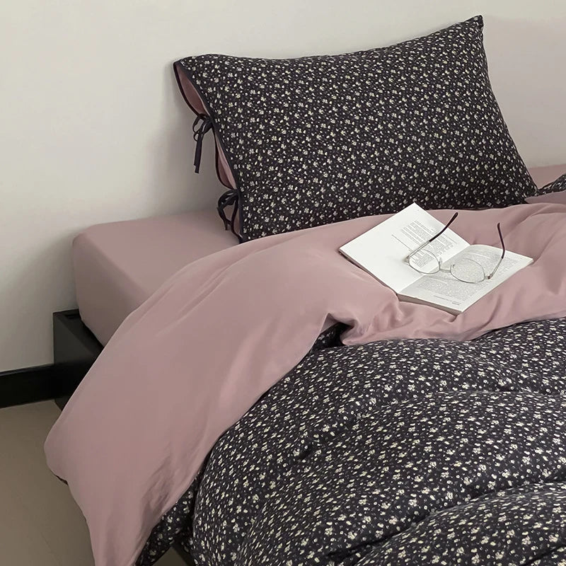 Bedding Set Reversible Cotton Satin Delicate Floral Bow Pillowcases