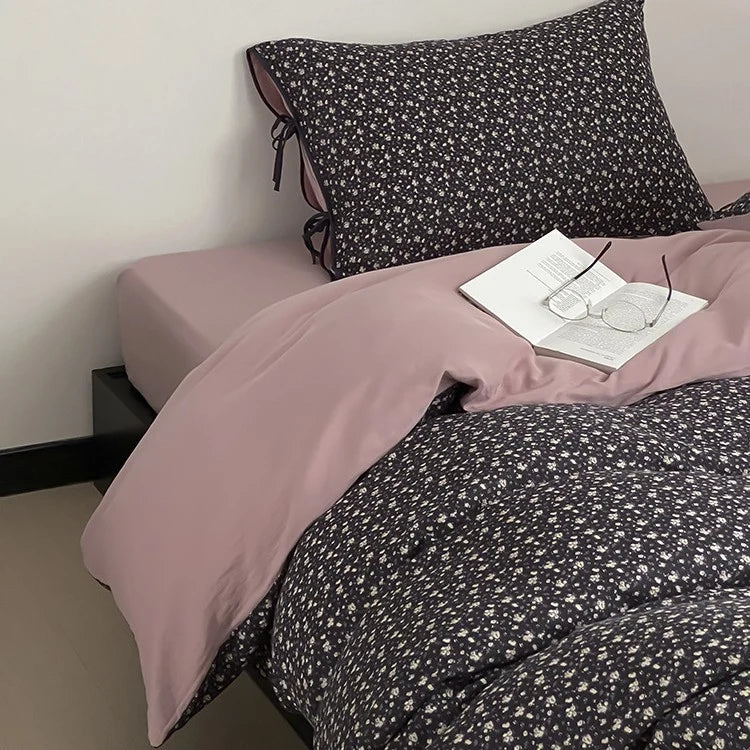 Bedding Set Reversible Cotton Satin Delicate Floral Bow Pillowcases