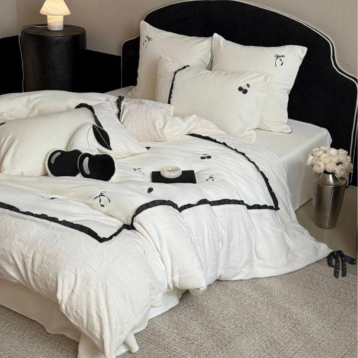 Bedding Set Reversible Cotton Satin Embroidered Cherry & Ruffle Trim