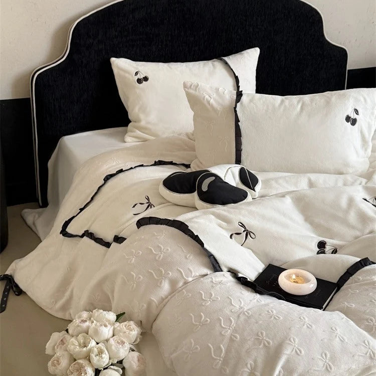 Bedding Set Reversible Cotton Satin Embroidered Cherry & Ruffle Trim
