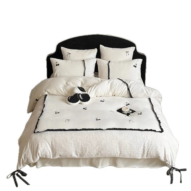 Bedding Set Reversible Cotton Satin Embroidered Cherry & Ruffle Trim