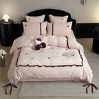 Bedding Set Reversible Cotton Satin Embroidered Cherry & Ruffle Trim