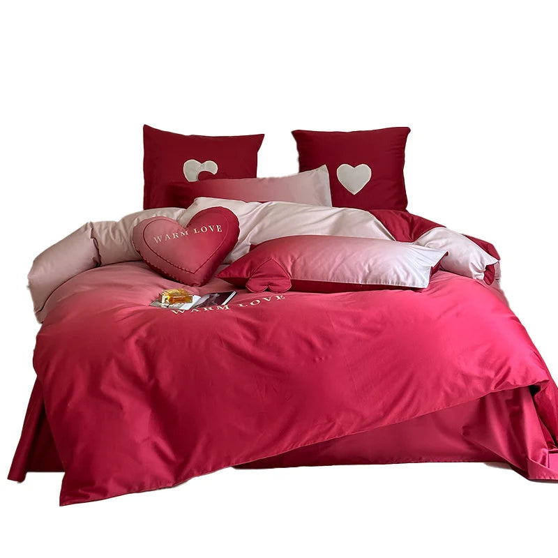 Bedding Set Reversible Cotton Satin Heart Applique