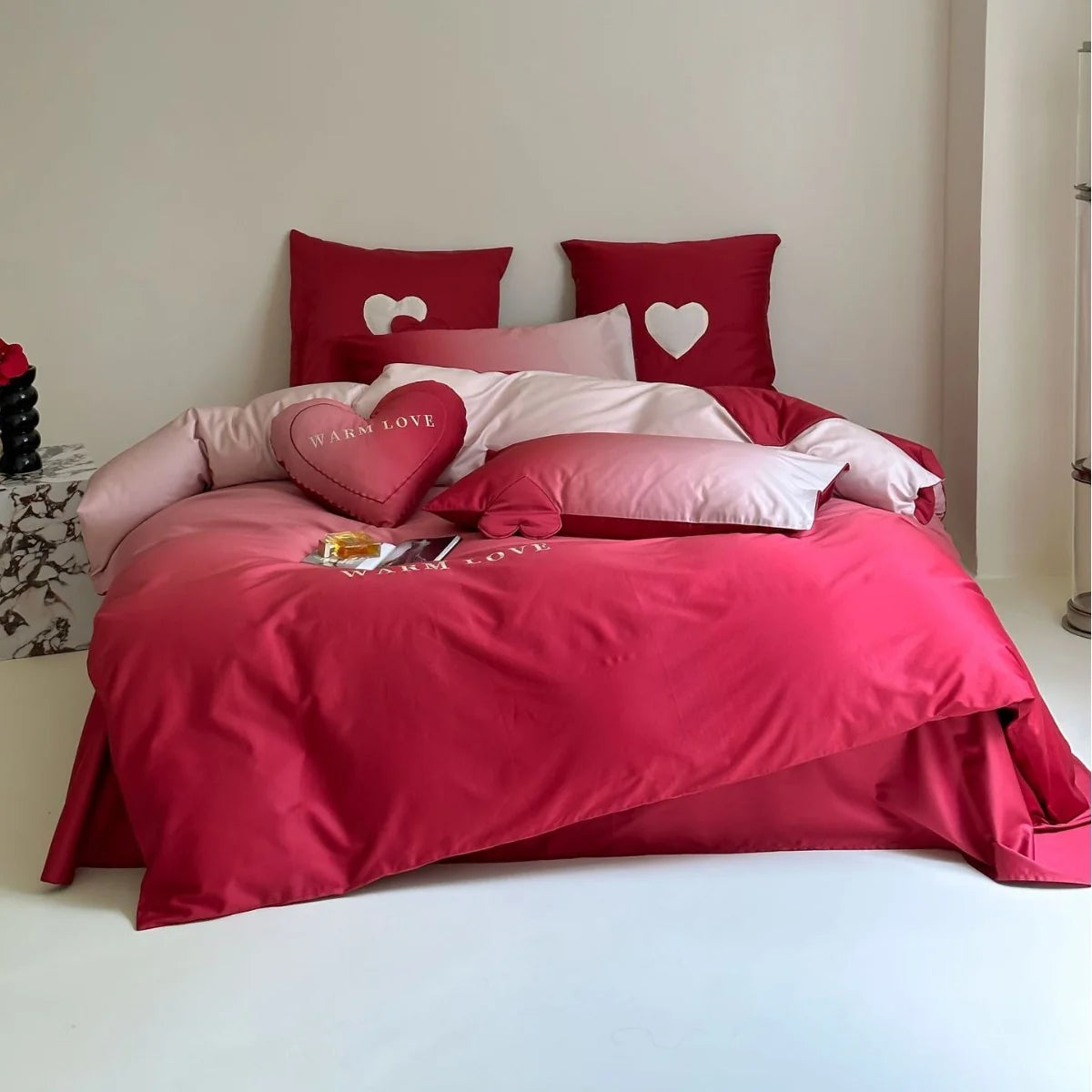 Bedding Set Reversible Cotton Satin Heart Applique