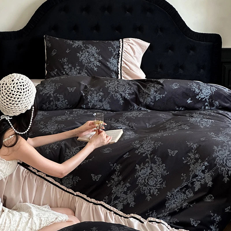 Bedding Set Reversible Cotton Satin Jacquard Ruffles