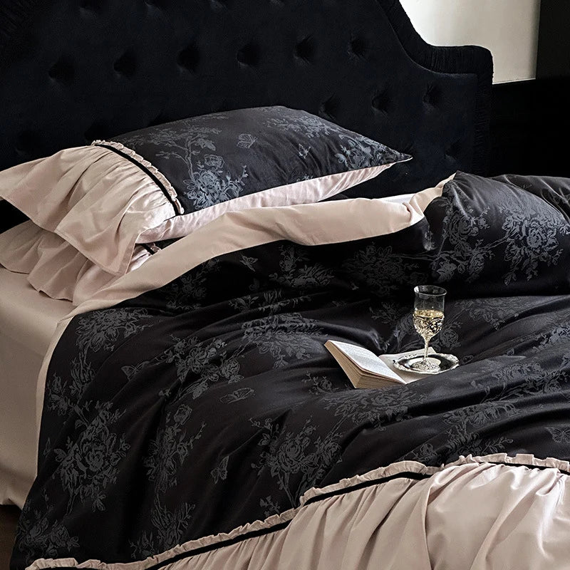 Bedding Set Reversible Cotton Satin Jacquard Ruffles