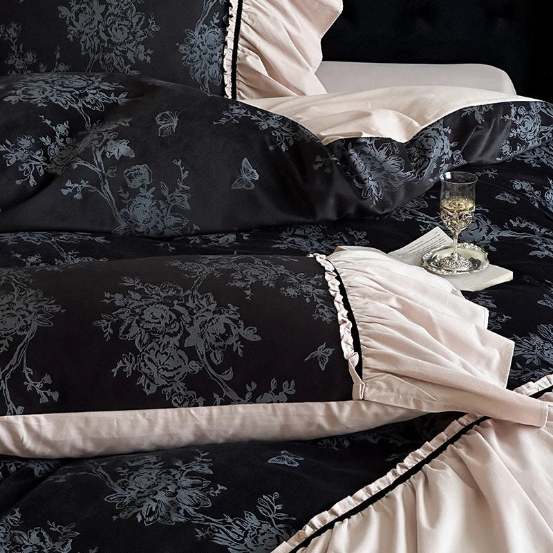 Bedding Set Reversible Cotton Satin Jacquard Ruffles