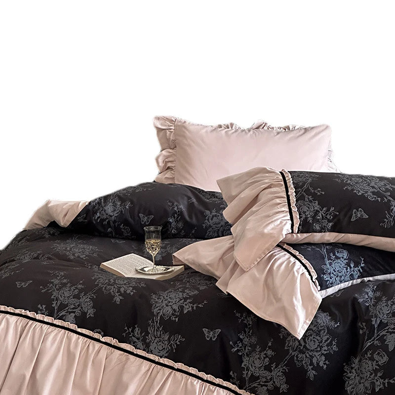 Bedding Set Reversible Cotton Satin Jacquard Ruffles