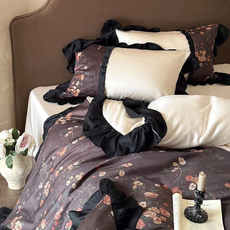 Bedding Set Reversible Cotton Satin Ruffle Trim 4-Piece
