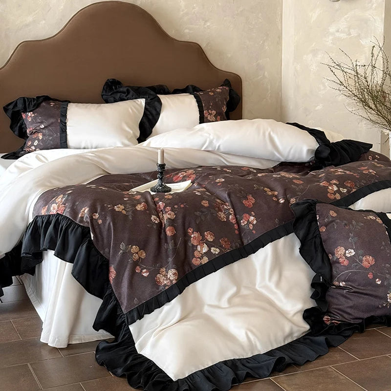 Bedding Set Reversible Cotton Satin Ruffle Trim 4-Piece