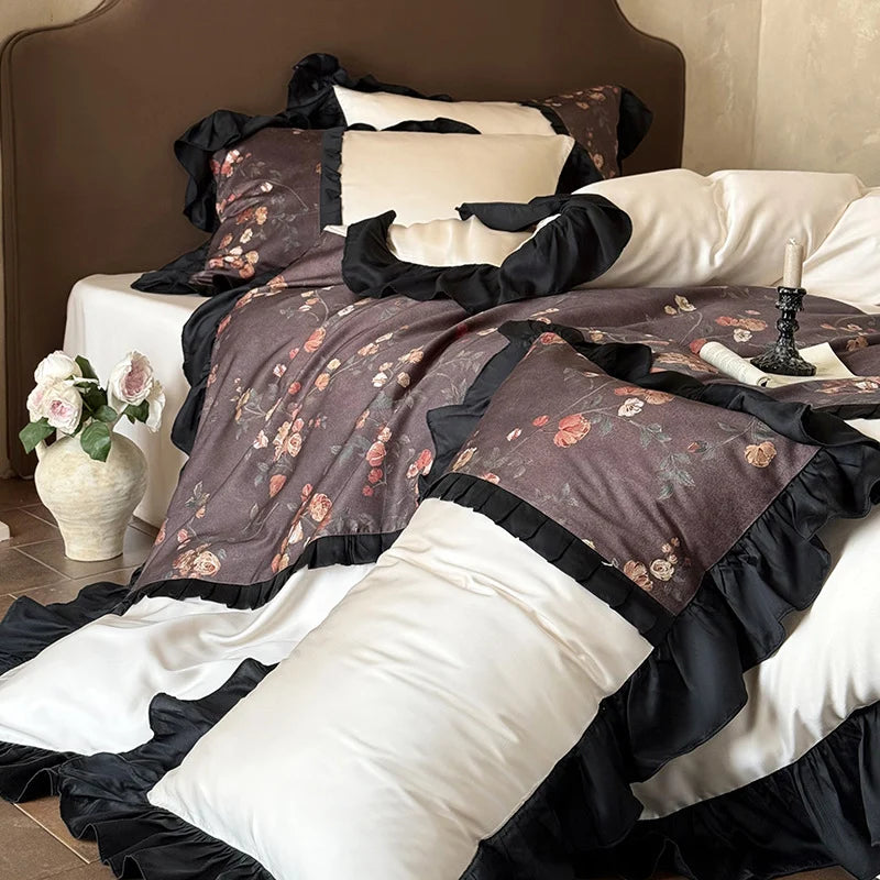 Bedding Set Reversible Cotton Satin Ruffle Trim 4-Piece