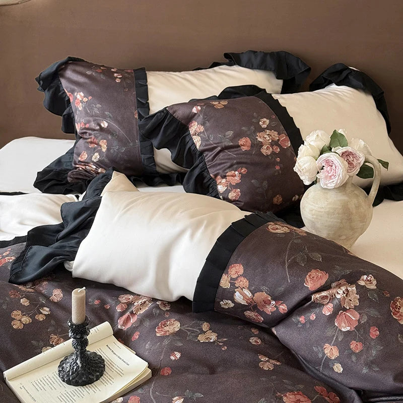 Bedding Set Reversible Cotton Satin Ruffle Trim 4-Piece