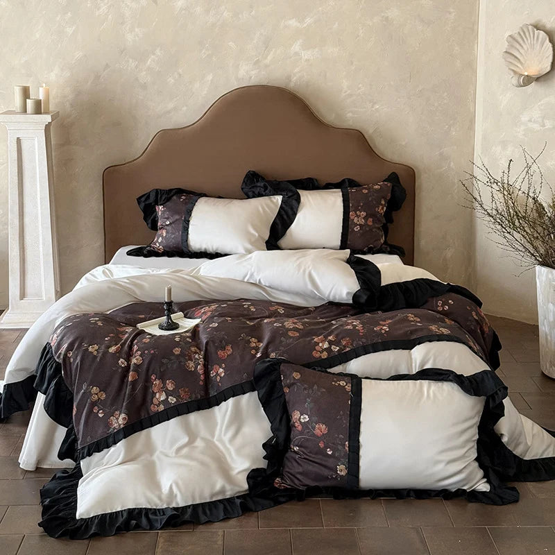 Bedding Set Reversible Cotton Satin Ruffle Trim 4-Piece