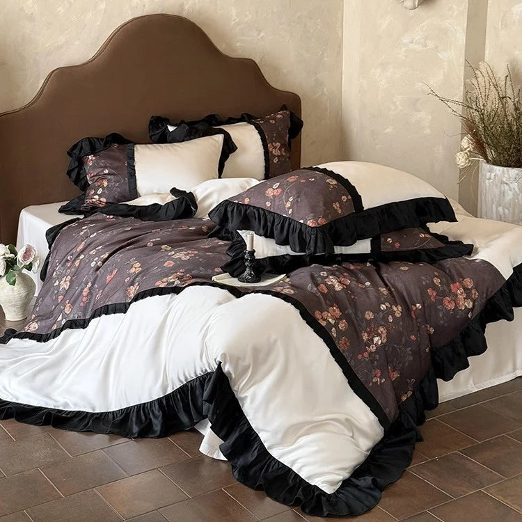 Bedding Set Reversible Cotton Satin Ruffle Trim 4-Piece
