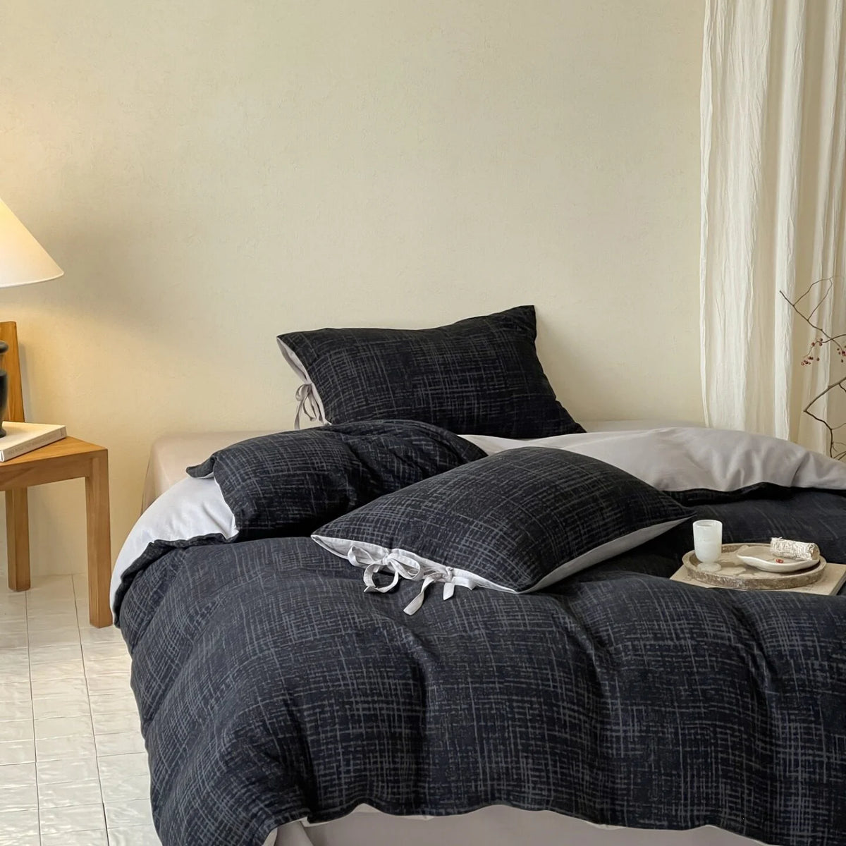 Bedding Set Reversible Cotton Satin Textured Cross Pattern