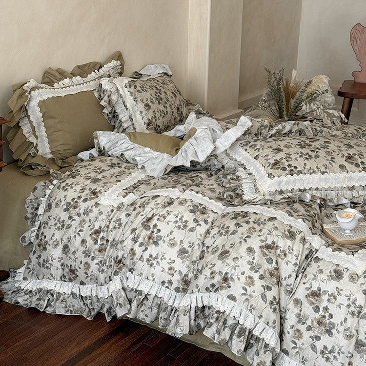 Bedding Set Romantic Floral Cotton-Linen Ruffles & Lace