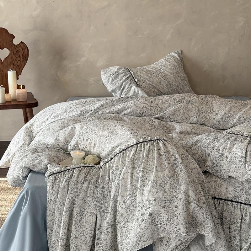Bedding Set Ruffled Floral Cotton Blend Four Piece