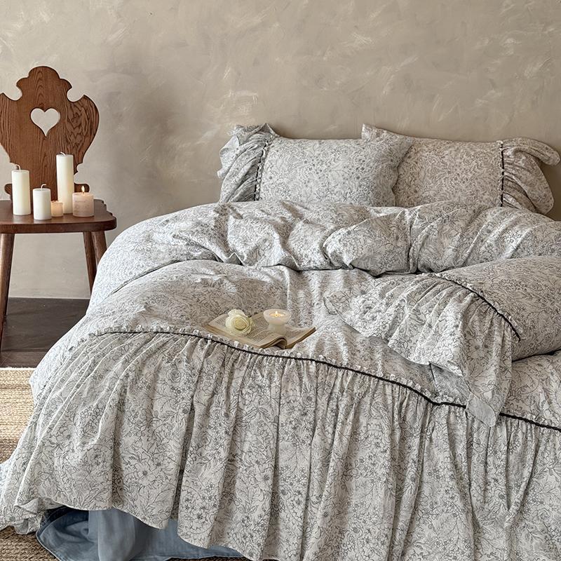 Bedding Set Ruffled Floral Cotton Blend Four Piece