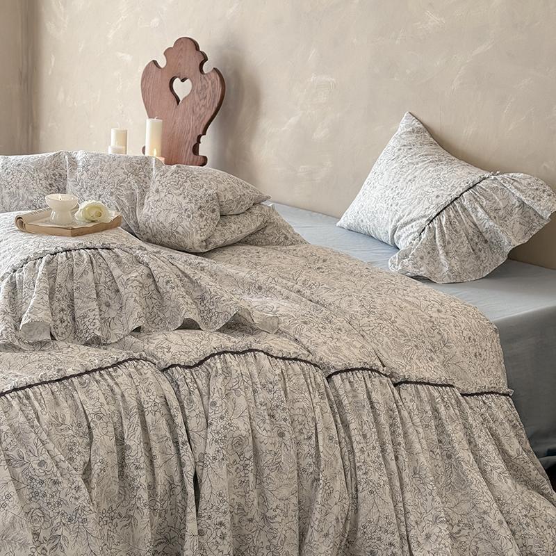 Bedding Set Ruffled Floral Cotton Blend Four Piece
