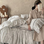 Bedding Set Ruffled Floral Cotton Blend Four Piece