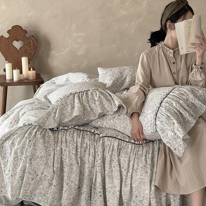 Bedding Set Ruffled Floral Cotton Blend Four Piece