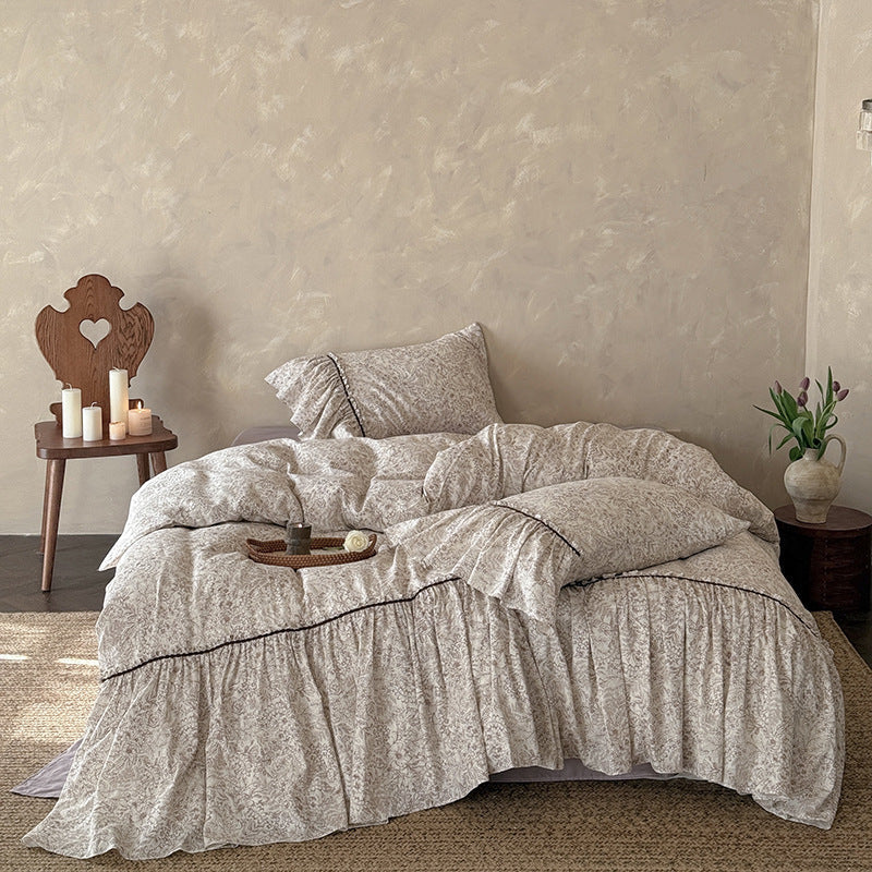 Bedding Set Ruffled Floral Cotton Blend Four Piece