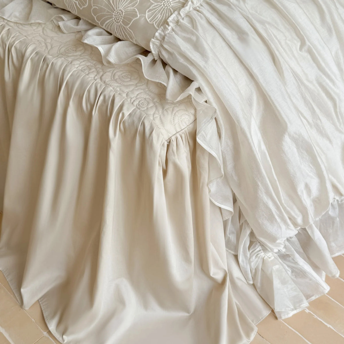 Bedding Set Ruffled Floral Embroidery 4-Piece With Bed Skirt