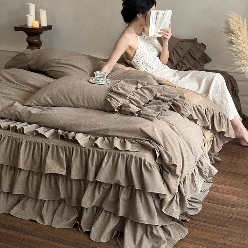 Bedding Set Ruffled Linen-Look 4-Piece