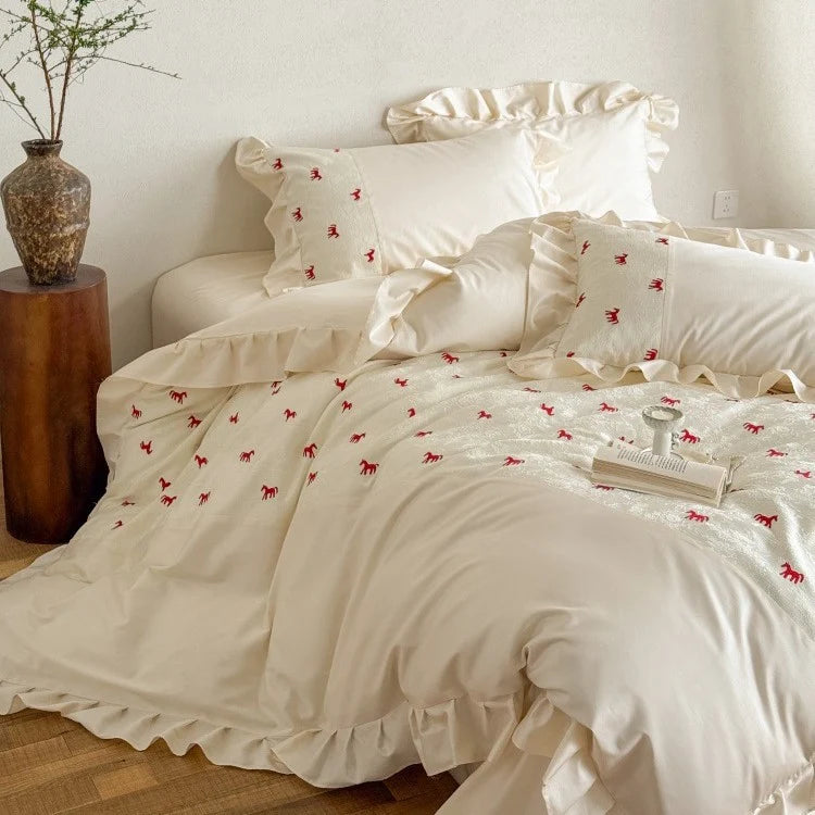 Bedding Set Satin Cotton Blend Ruffle & Animal Motif