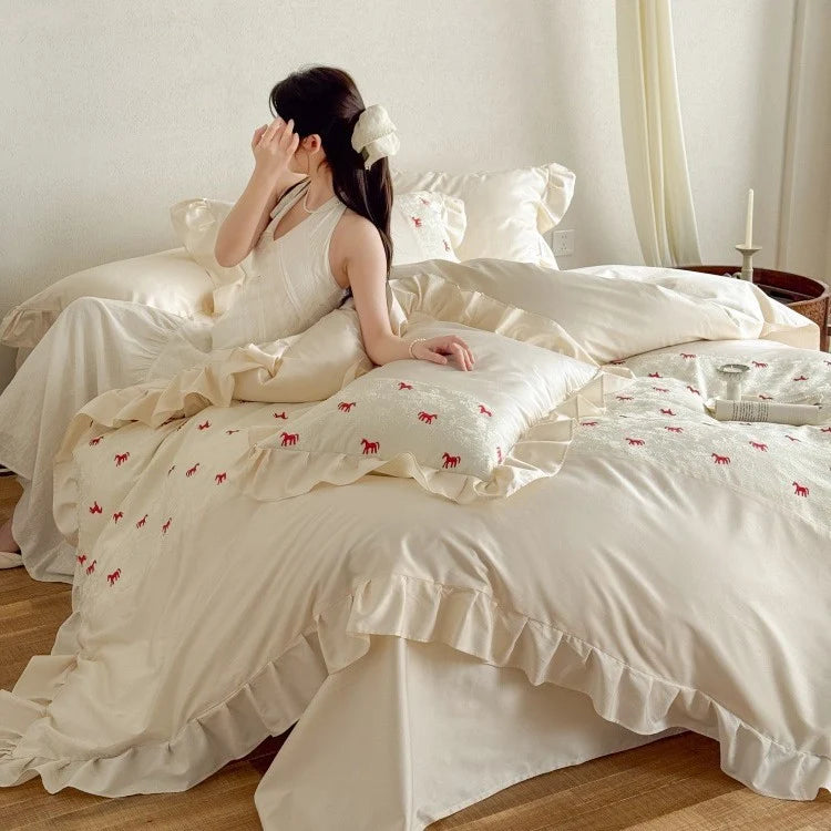 Bedding Set Satin Cotton Blend Ruffle & Animal Motif