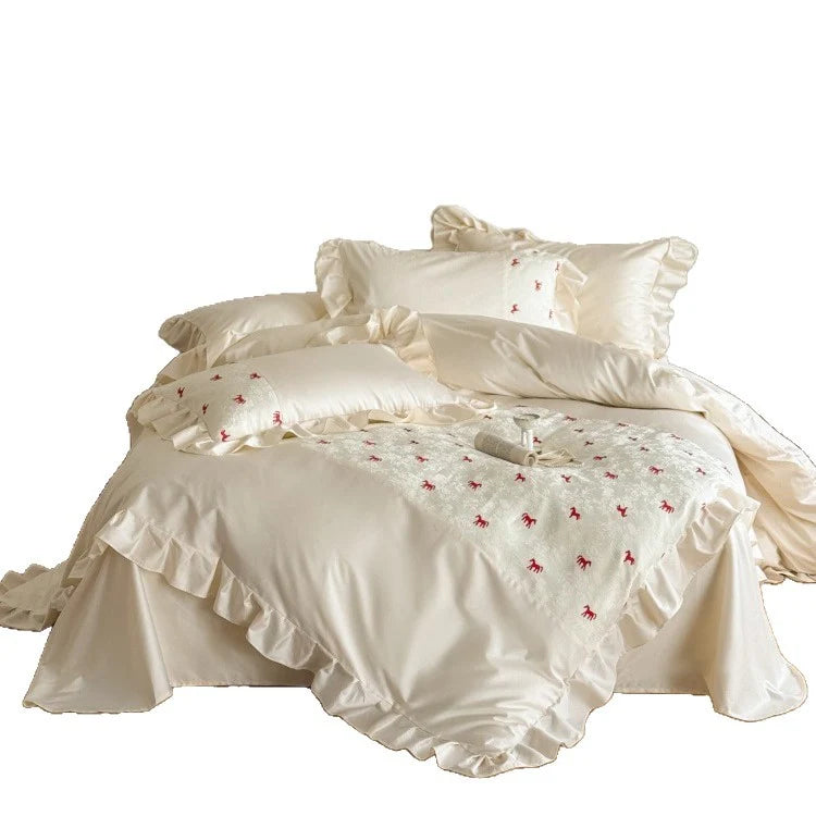 Bedding Set Satin Cotton Blend Ruffle & Animal Motif