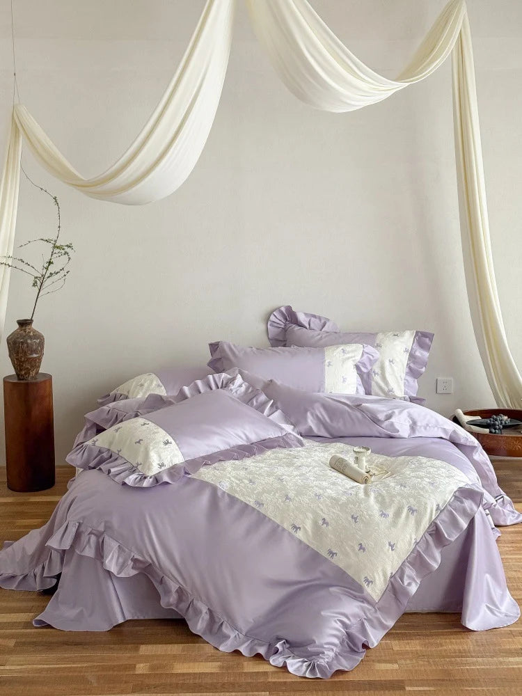 Bedding Set Satin Cotton Blend Ruffle & Animal Motif