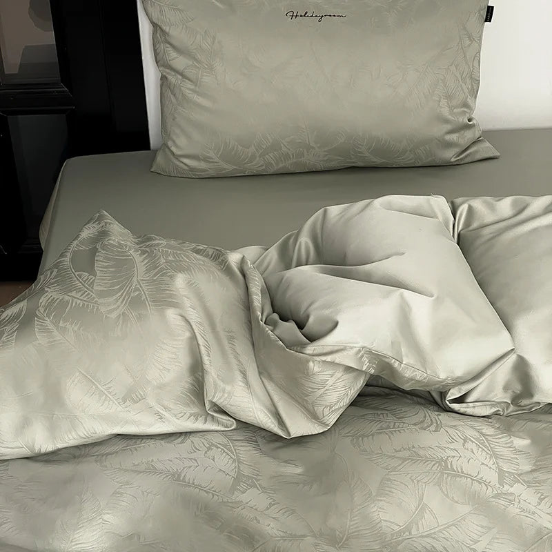 Bedding Set Satin Embossed Monstera Wrinkle Resistant