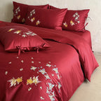 Bedding Set Satin Embroidered Floral & Fish 4 Piece