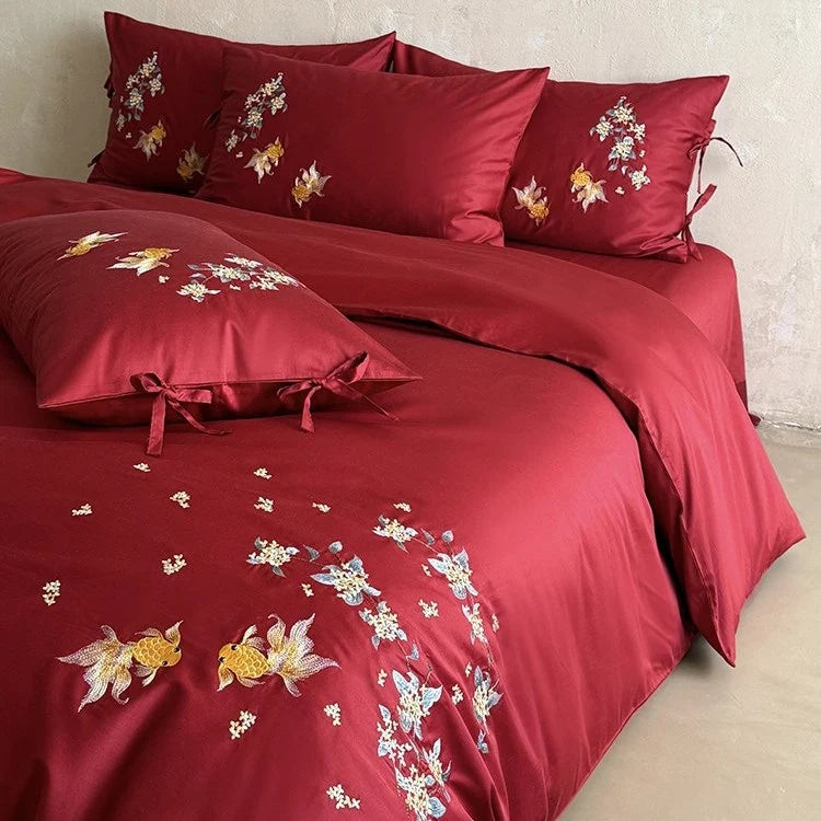 Bedding Set Satin Embroidered Floral & Fish 4 Piece