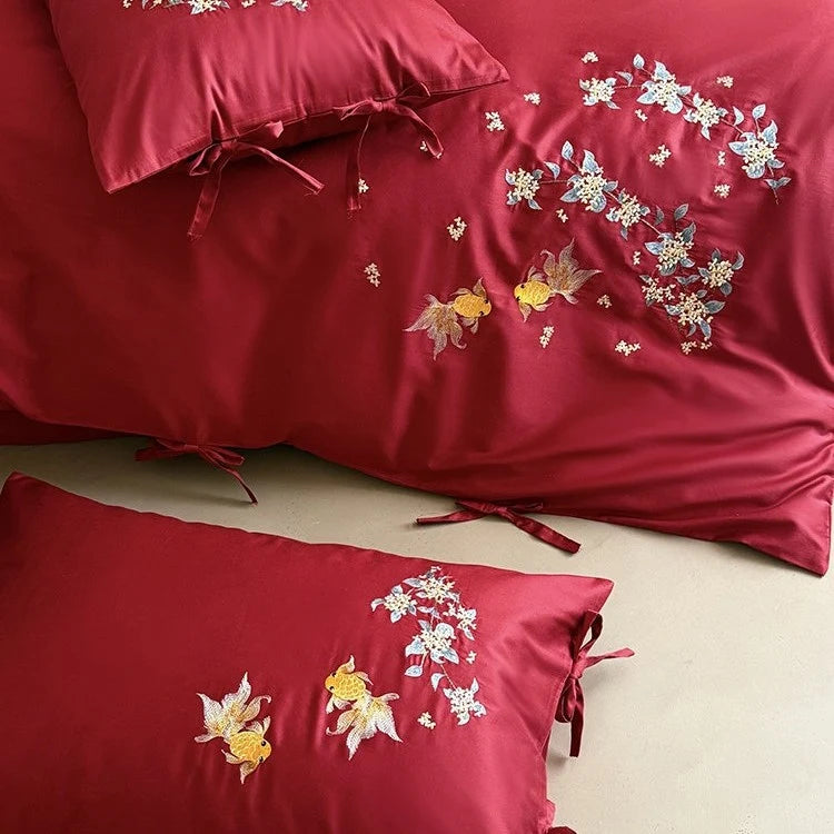 Bedding Set Satin Embroidered Floral & Fish 4 Piece