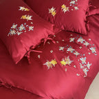 Bedding Set Satin Embroidered Floral & Fish 4 Piece