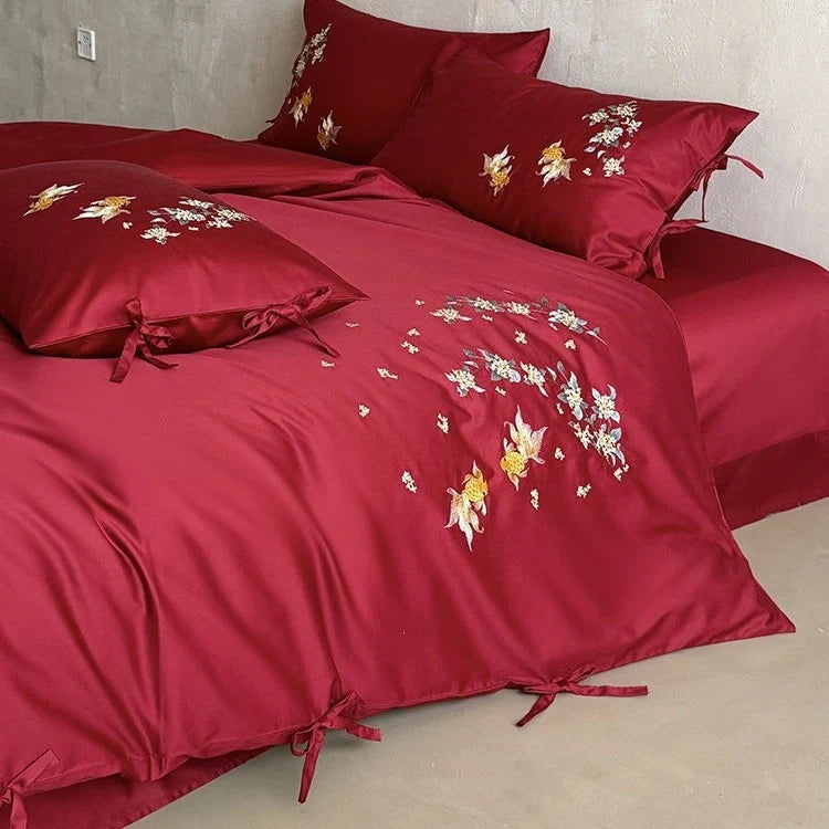Bedding Set Satin Embroidered Floral & Fish 4 Piece