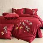 Bedding Set Satin Embroidered Floral & Fish 4 Piece
