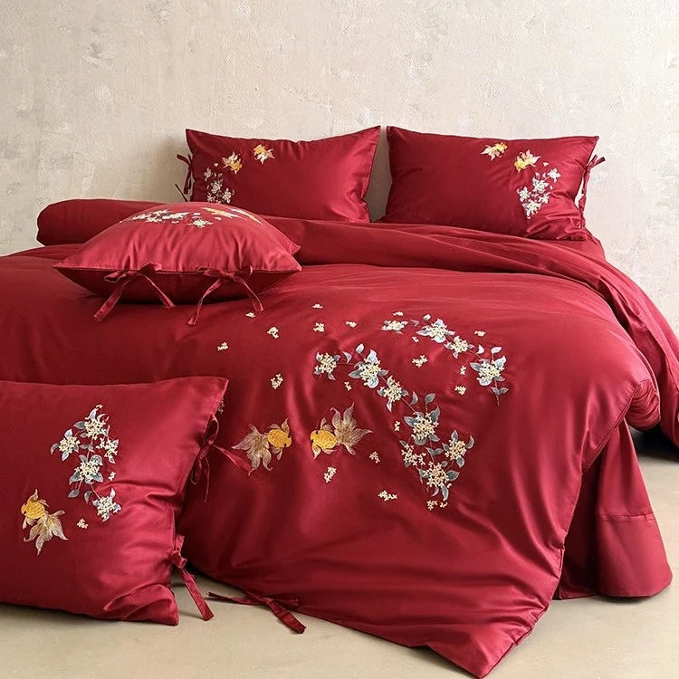 Bedding Set Satin Embroidered Floral & Fish 4 Piece