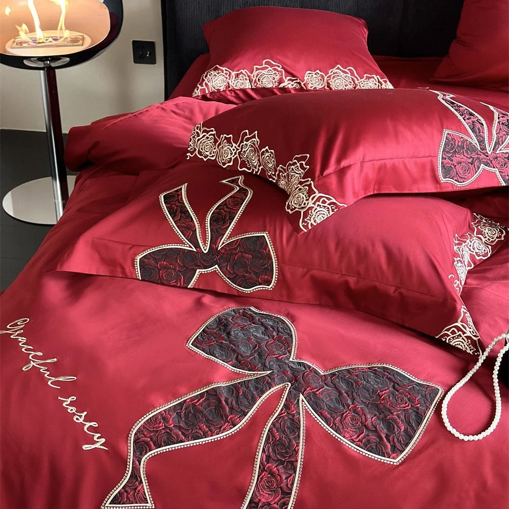 Bedding Set Satin Embroidered Rose & Bow