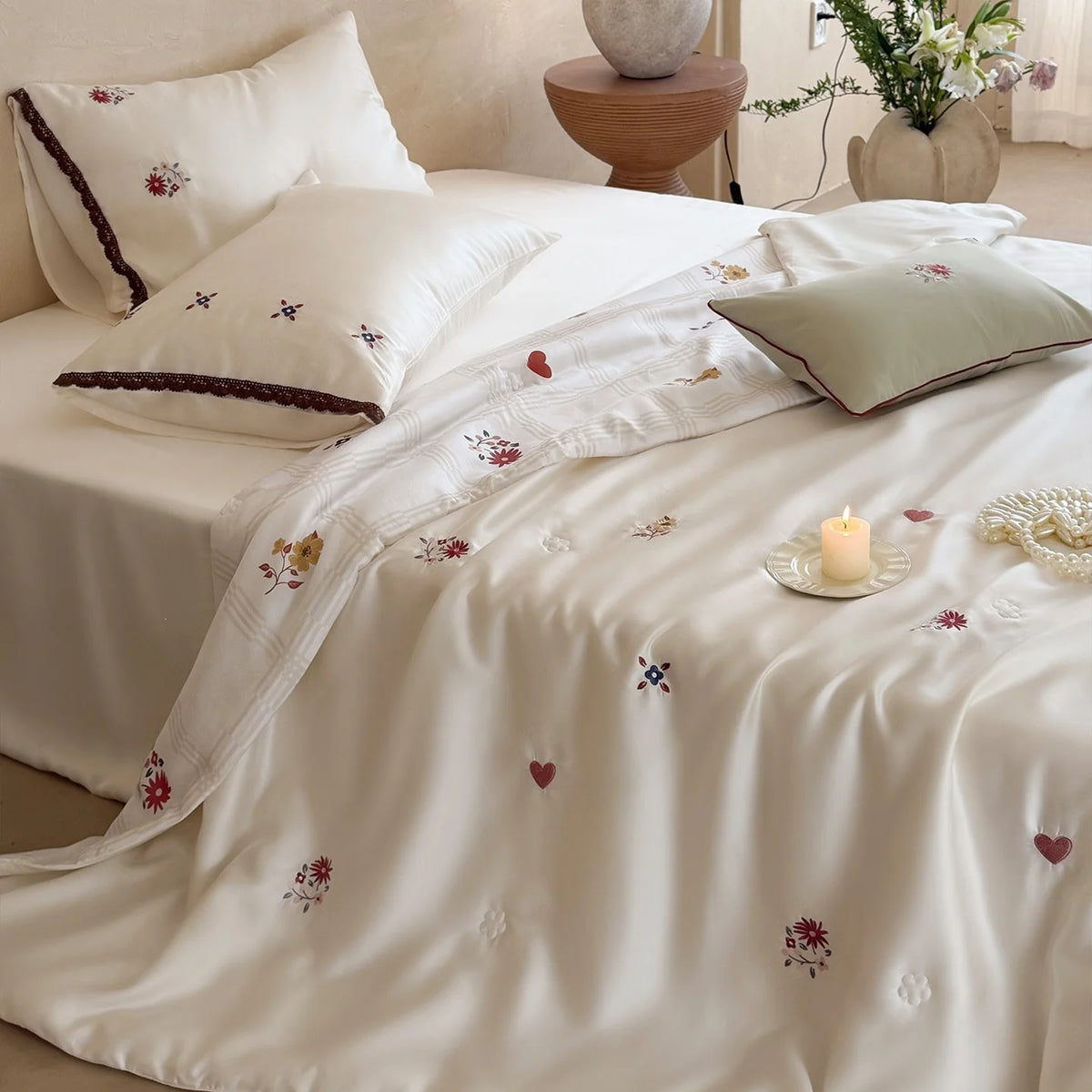Bedding Set Satin Finish Floral Embroidery & Lace Trim