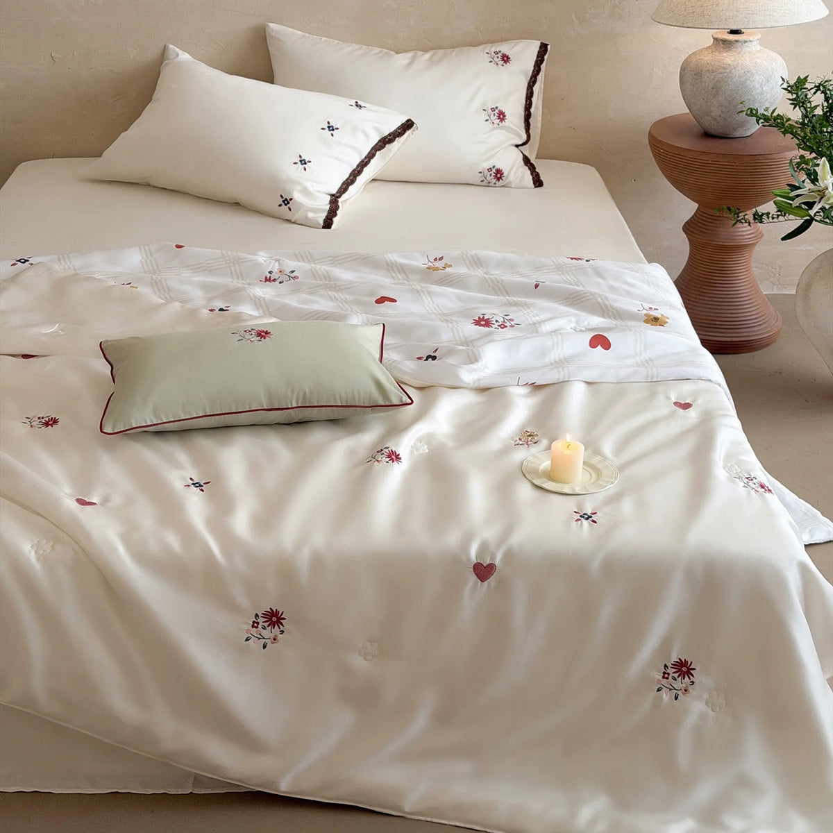 Bedding Set Satin Finish Floral Embroidery & Lace Trim