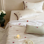 Bedding Set Satin Finish Floral Embroidery & Lace Trim